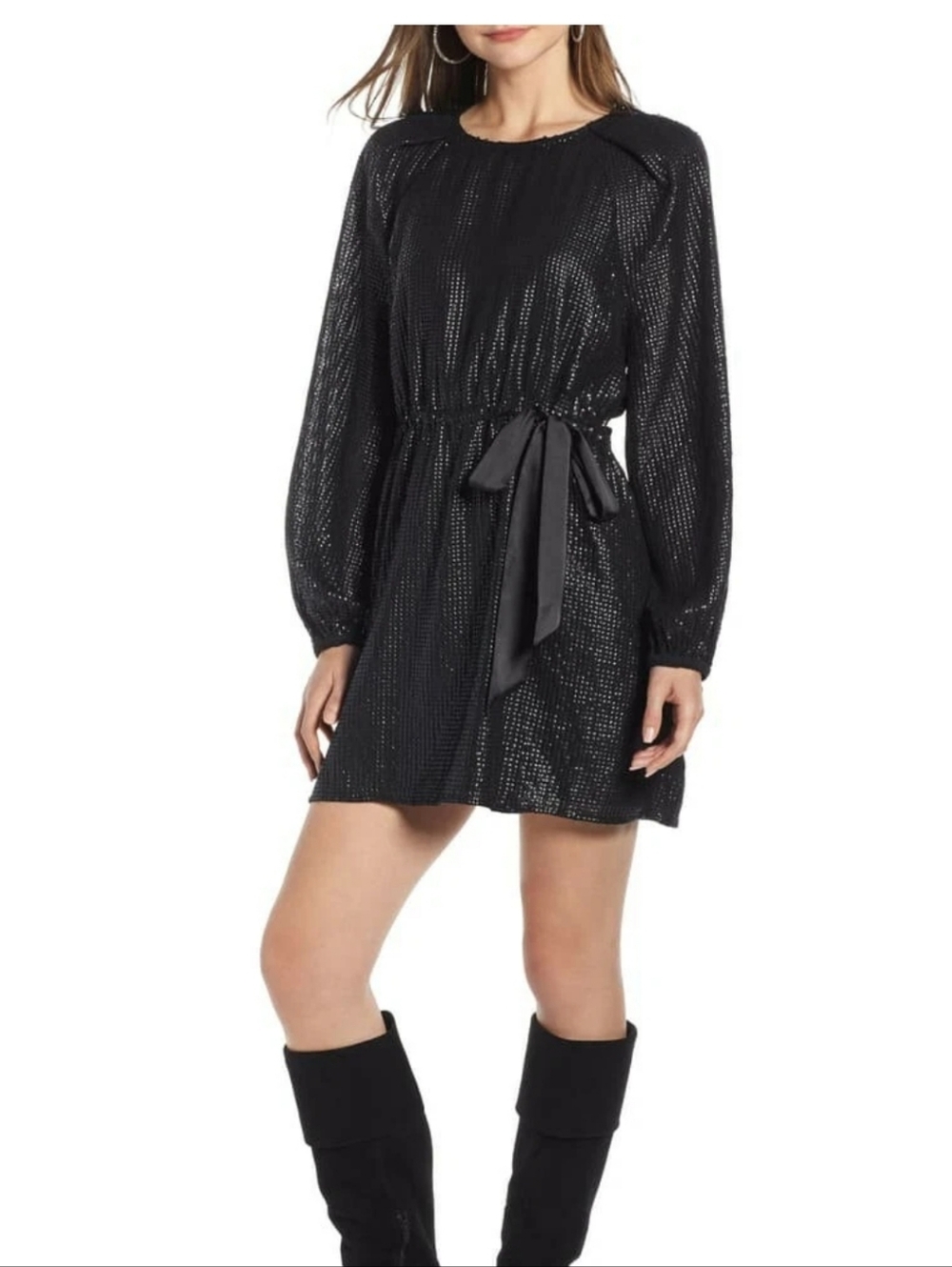Something Navy Black Sequin Tie-Waist Long-Sleeve Mini Dress